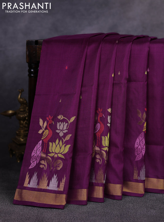 Pure uppada silk saree deep purple with allover thread & zari woven paisley buttas and jamdhani weaving pallu