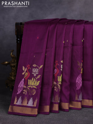 Pure uppada silk saree deep purple with allover thread & zari woven paisley buttas and jamdhani weaving pallu