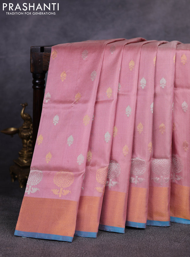 Pure uppada silk saree mauve pink and cs blue with allover silver & gold zari woven buttas and long zari woven butta border