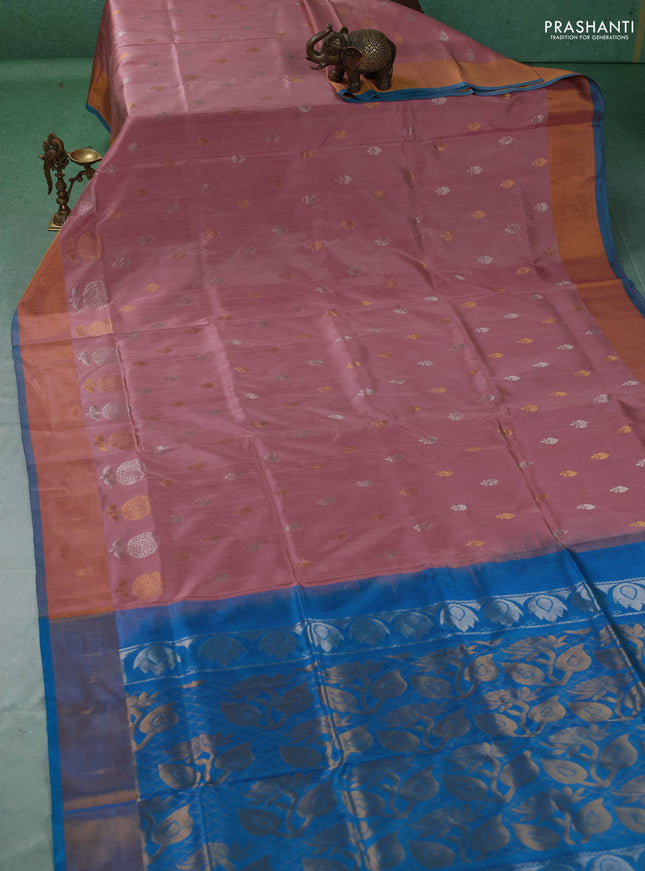 Pure uppada silk saree mauve pink and cs blue with allover silver & gold zari woven buttas and long zari woven butta border