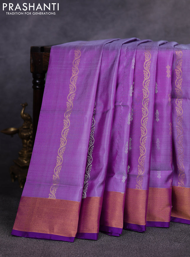 Pure uppada silk saree pastel purple and purple with allover silver & gold zari weaves & buttas and zari woven border