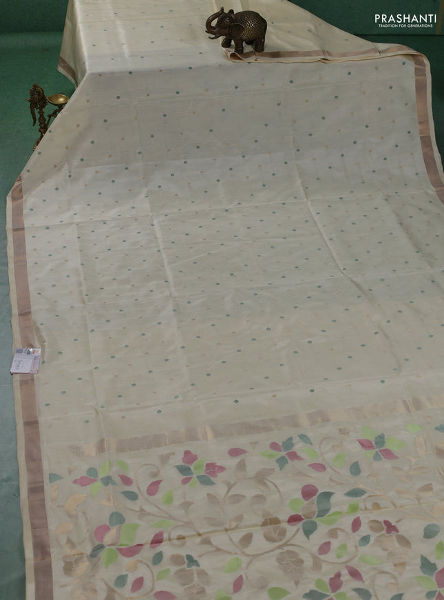 Pure uppada silk saree cream with allover thread & zari woven paisley buttas and jamdhani weaving pallu