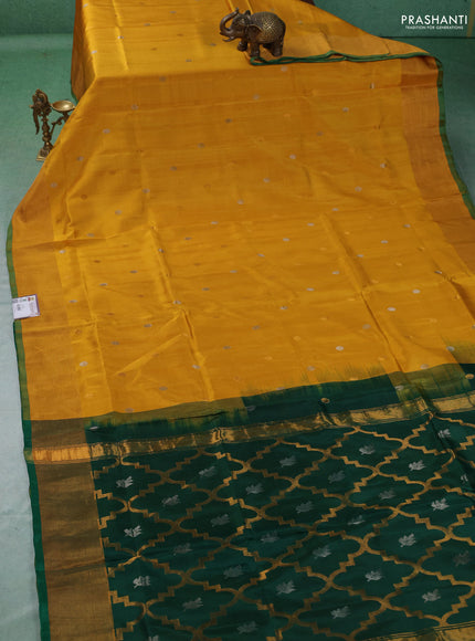 Pure uppada silk saree mustard yellow and green with allover silver zari woven coin buttas and zari woven border