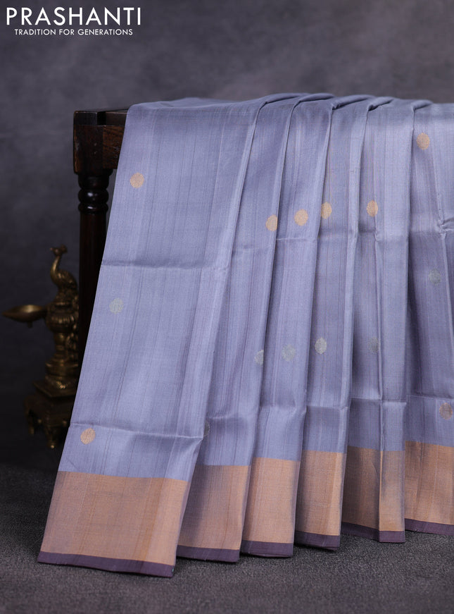 Pure uppada silk saree grey and coffee brown with allover silver & gold zari woven coin buttas and zari woven border