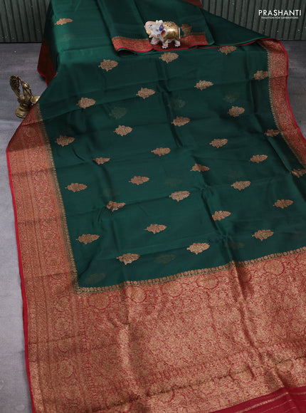 Banarasi organza saree dark green and maroon with woven buttas and banarasi style border