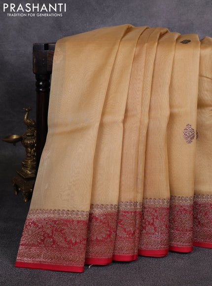 Banarasi organza saree sandal and red with woven buttas and banarasi style border