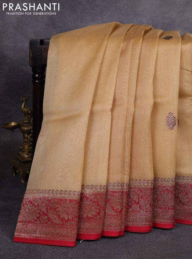 Banarasi organza saree sandal and red with woven buttas and banarasi style border