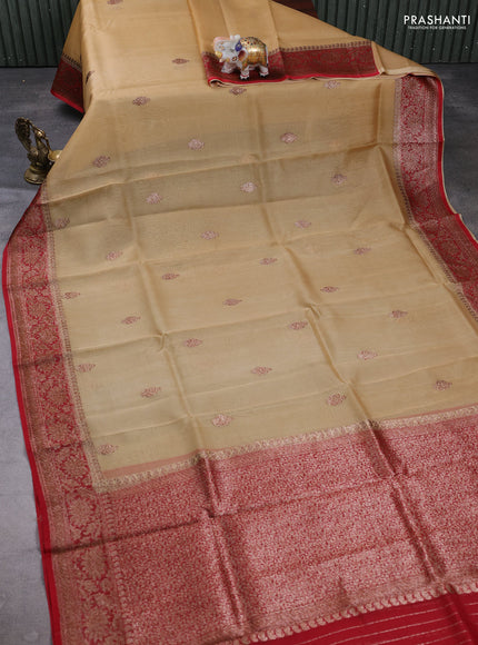 Banarasi organza saree sandal and red with woven buttas and banarasi style border