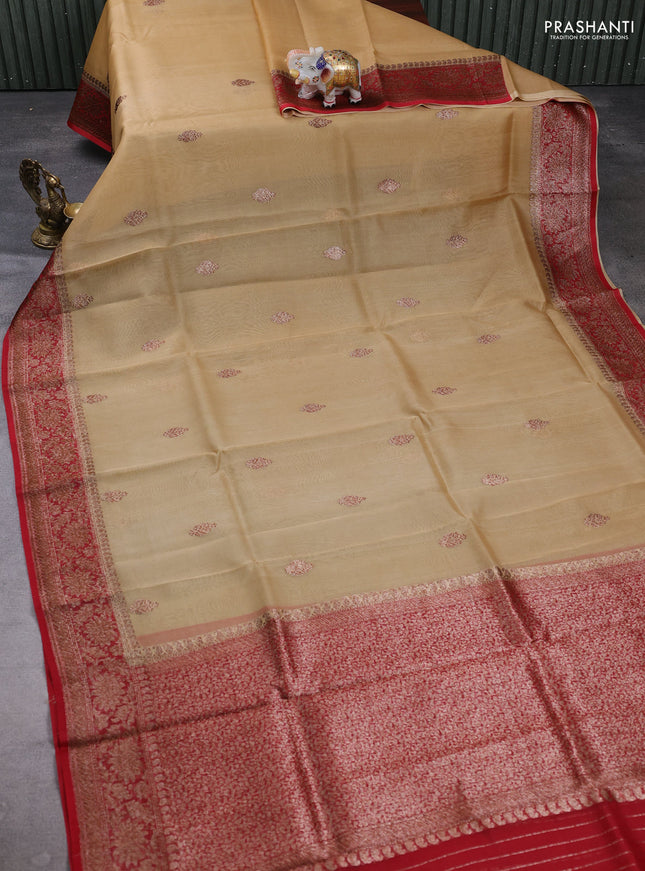 Banarasi organza saree sandal and red with woven buttas and banarasi style border