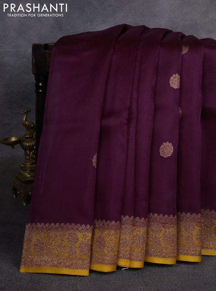 Banarasi organza saree wine shade and mustard yellow with woven buttas and banarasi style border