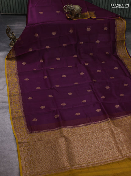 Banarasi organza saree wine shade and mustard yellow with woven buttas and banarasi style border