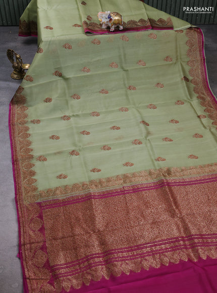 Banarasi organza saree pastel green and pink with woven buttas and banarasi style border