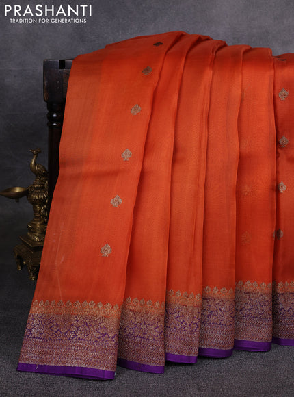 Banarasi organza saree orange and violet with woven buttas and banarasi style border