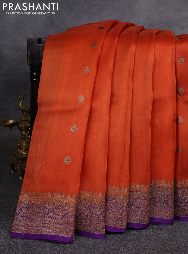 Banarasi organza saree orange and violet with woven buttas and banarasi style border