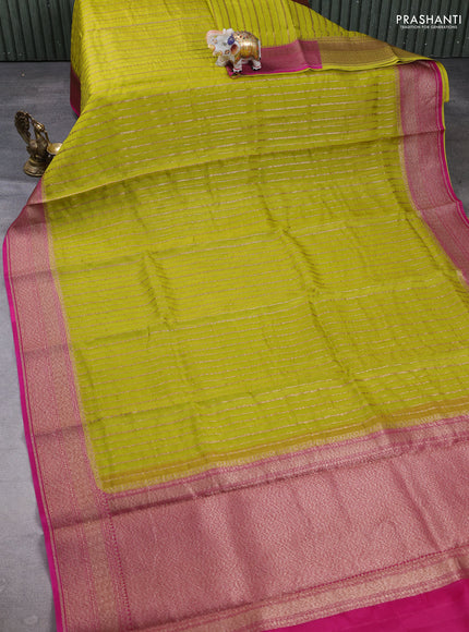 Banarasi organza saree lime green and pink with allover zari weaves and banarasi style border