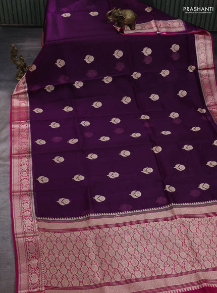 Banarasi organza saree deep purple and pink with zari woven floral buttas and zari woven border
