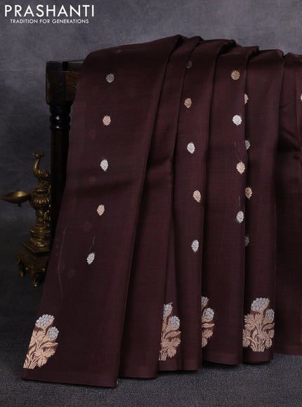 Banarasi organza saree brown with silver & gold zari woven buttas and zari woven floral border