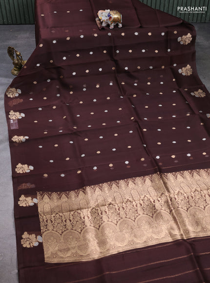 Banarasi organza saree brown with silver & gold zari woven buttas and zari woven floral border