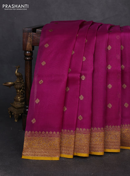 Banarasi organza saree magenta pink and mustard yellow with woven buttas and banarasi style border