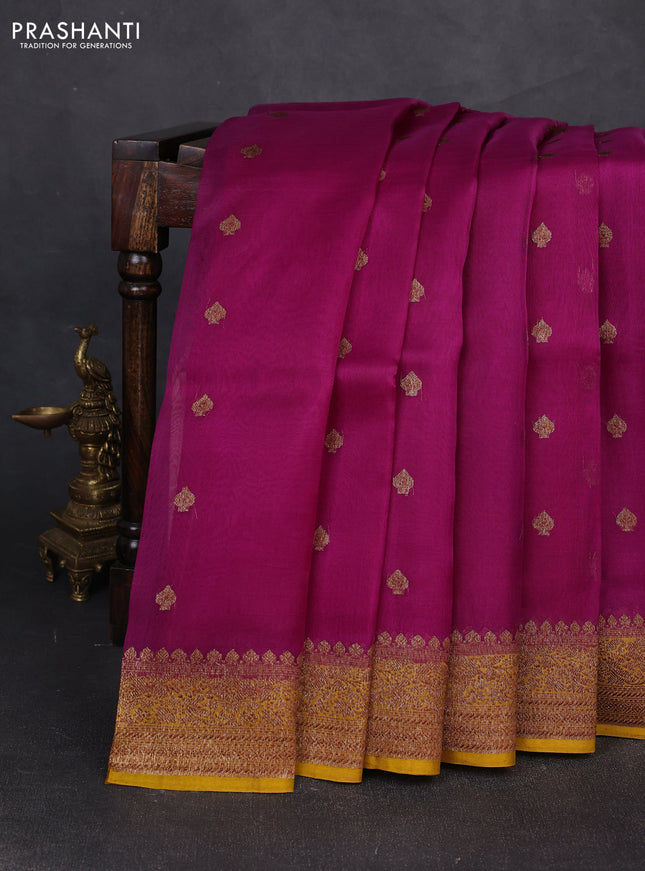 Banarasi organza saree magenta pink and mustard yellow with woven buttas and banarasi style border