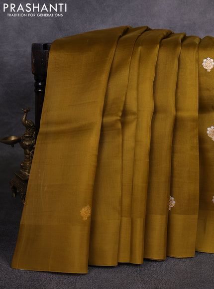Banarasi organza saree dark mustard with zari woven buttas in borderless style