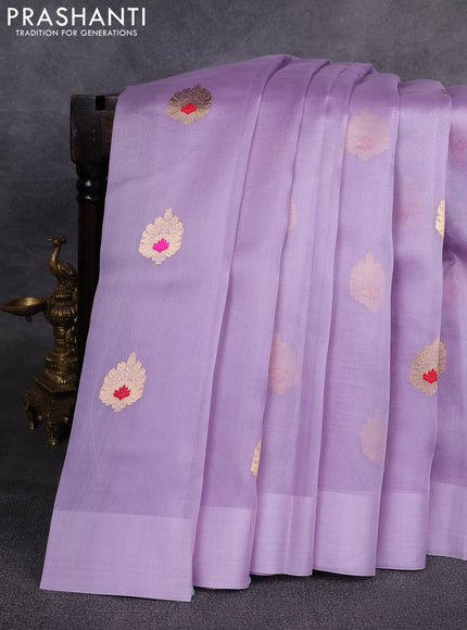 Banarasi organza saree lavender with zari woven buttas in borderless style
