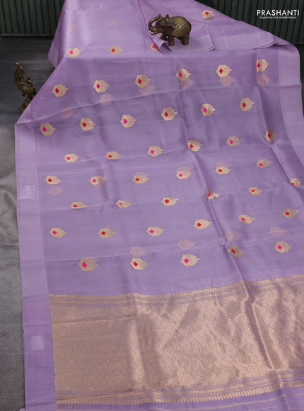 Banarasi organza saree lavender with zari woven buttas in borderless style