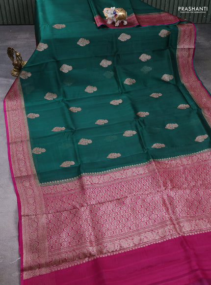 Banarasi organza saree green and pink with woven buttas and banarasi style border