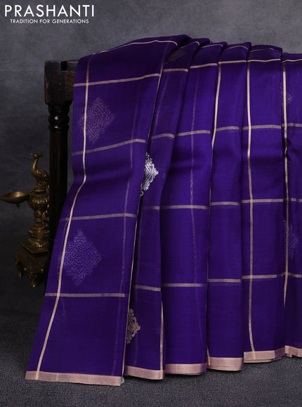Banarasi organza saree violet with allover zari checks & buttas and zari woven piping border