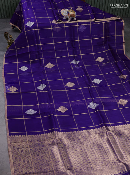 Banarasi organza saree violet with allover zari checks & buttas and zari woven piping border