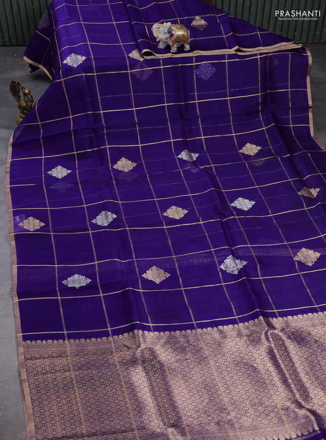 Banarasi organza saree violet with allover zari checks & buttas and zari woven piping border