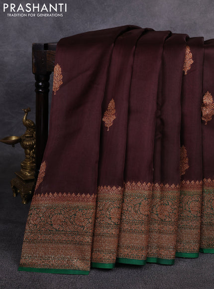 Banarasi organza saree brown and green with woven buttas and banarasi style border