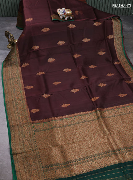 Banarasi organza saree brown and green with woven buttas and banarasi style border