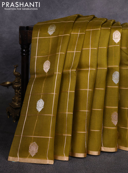 Banarasi organza saree dark mustard with allover zari checks & buttas and zari woven piping border