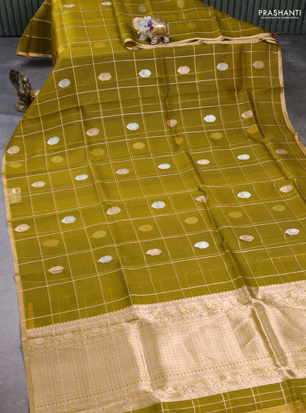 Banarasi organza saree dark mustard with allover zari checks & buttas and zari woven piping border