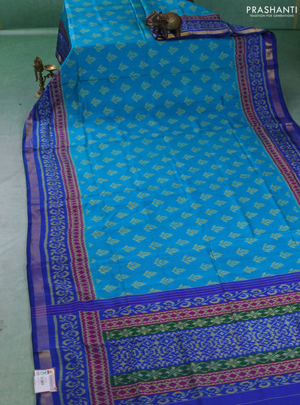 Rajkot patola silk saree teal blue and blue with allover ikat butta weaves and ikat woven zari border