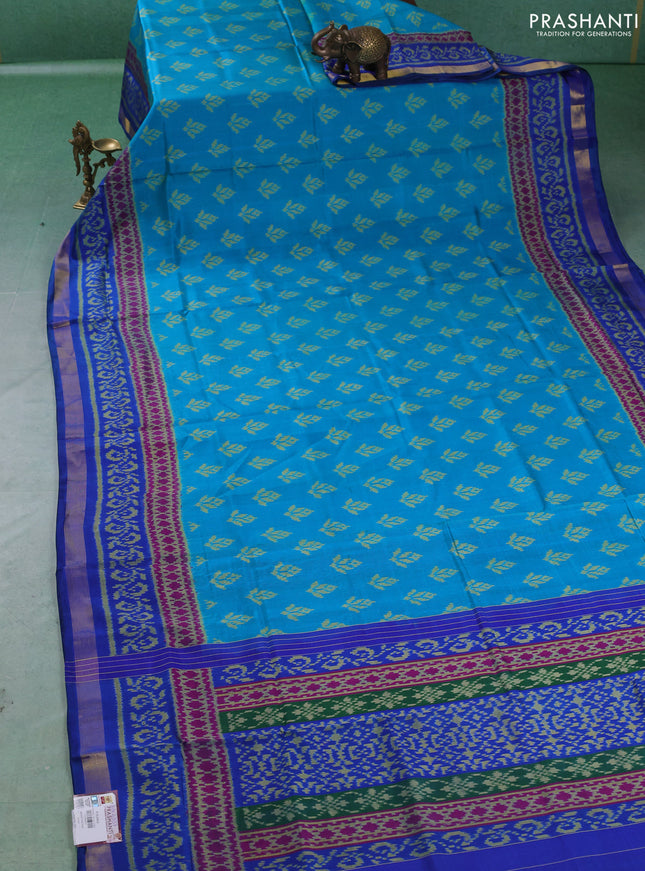 Rajkot patola silk saree teal blue and blue with allover ikat butta weaves and ikat woven zari border