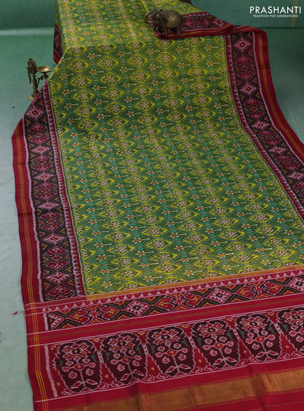 Rajkot patola silk saree olive green and red with allover ikat weaves and ikat woven border