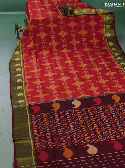 Rajkot patola silk saree orange and maroon with allover ikat weaves and ikat woven zari border