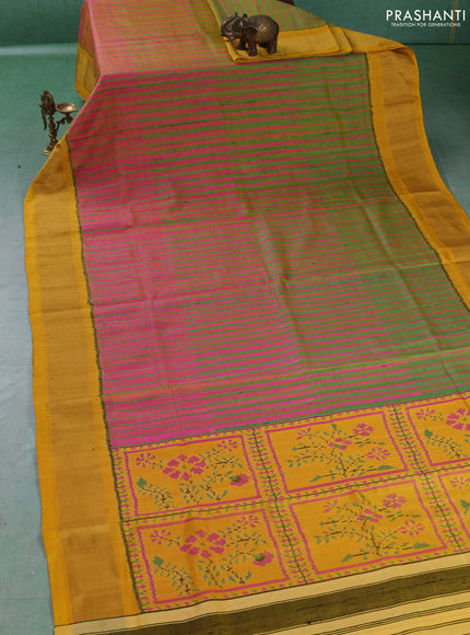 Rajkot patola silk saree green pink and yellow with allover ikat weaves & jute finish and zari woven border