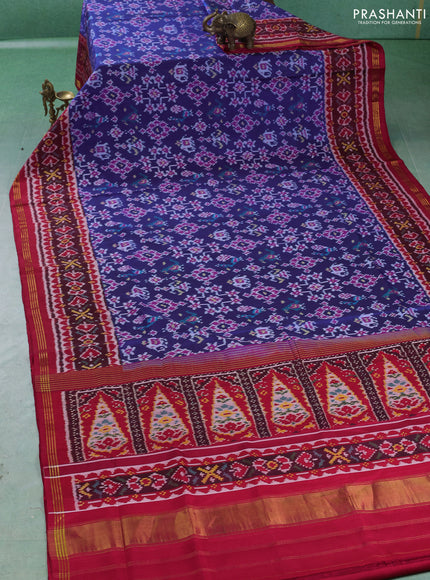 Rajkot patola silk saree blue and red with allover ikat weaves and ikat woven zari border