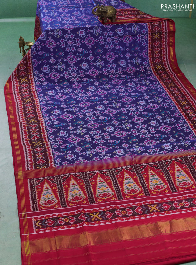 Rajkot patola silk saree blue and red with allover ikat weaves and ikat woven zari border