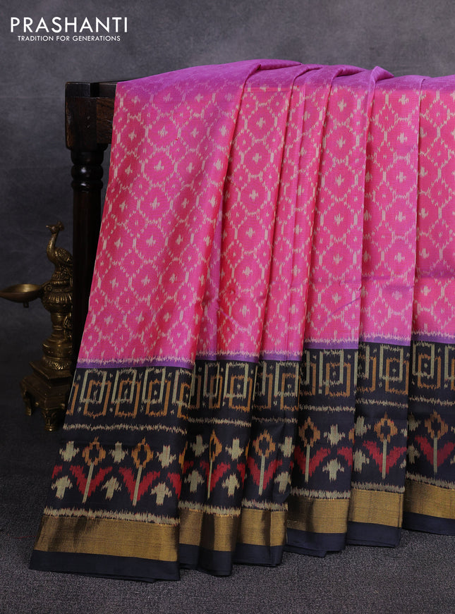 Rajkot patola silk saree dual shade of pink and black with allover ikat weaves and ikat woven zari border