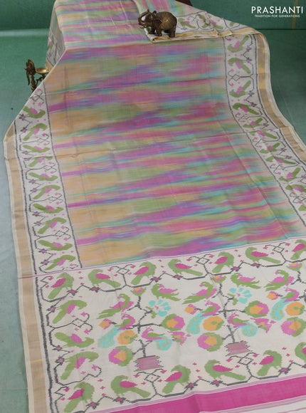 Rajkot patola silk saree rainbow colour and cream with allover ikat weaves and ikat woven zari border