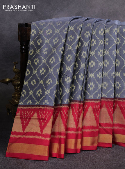 Rajkot patola silk saree grey and red with allover ikat weaves and ikat woven zari border