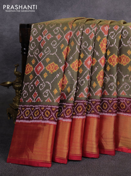 Rajkot patola silk saree elaichi green and red with allover ikat weaves and zari woven border