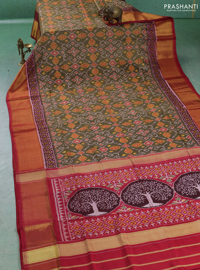 Rajkot patola silk saree elaichi green and red with allover ikat weaves and zari woven border