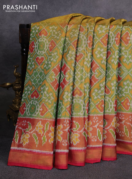 Rajkot patola tissue silk saree green and rust shade maroon with allover ikat weaves and ikat woven zari border