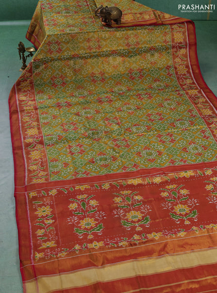Rajkot patola tissue silk saree green and rust shade maroon with allover ikat weaves and ikat woven zari border