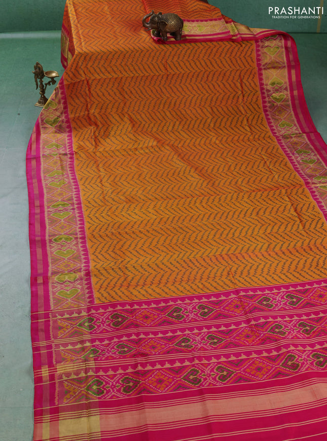 Rajkot patola silk saree yellow and pink with allover ikat weaves and zari woven ikat border